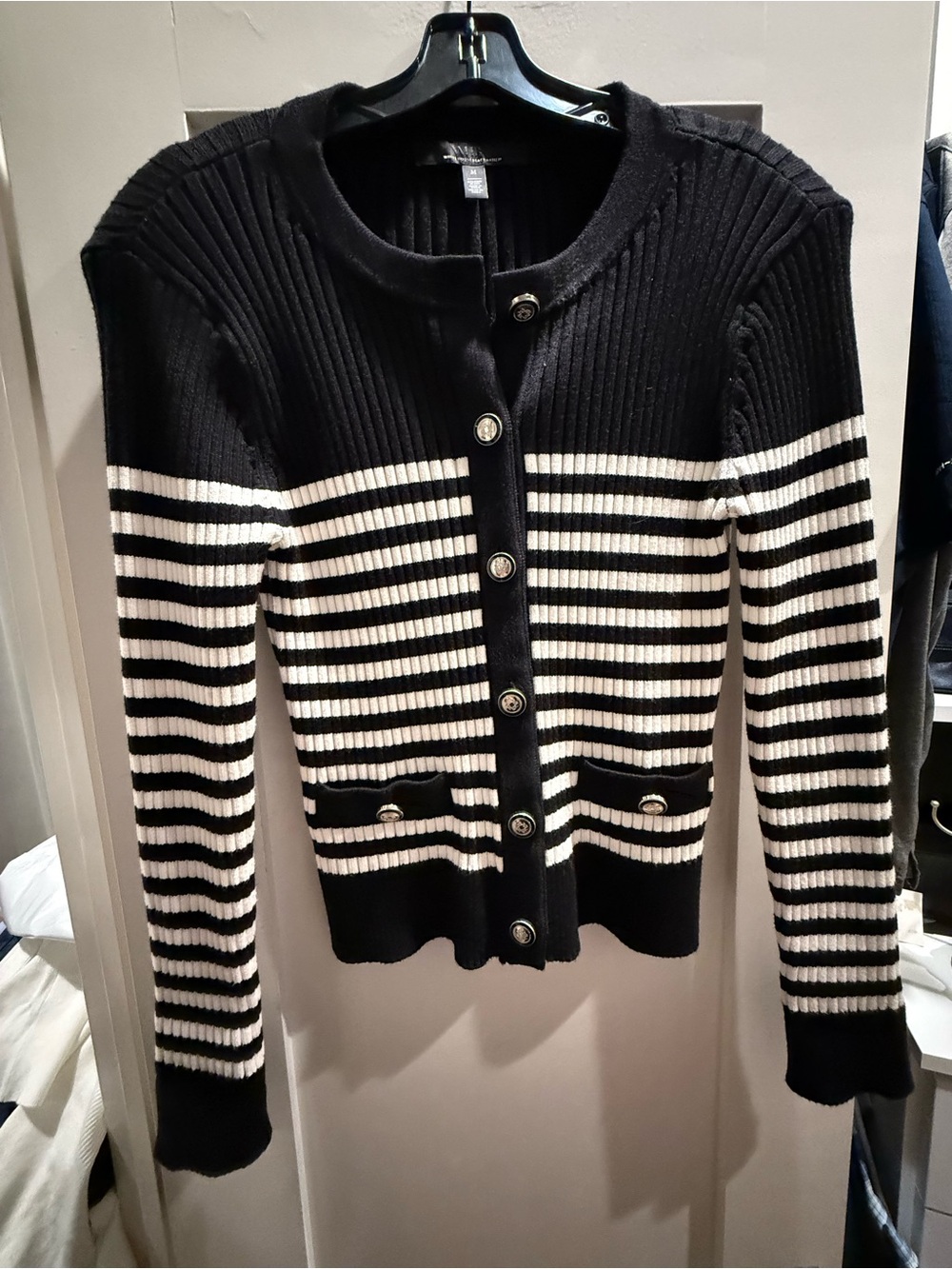 White House Black Market Black & White Striped Ribbed Button Cardigan